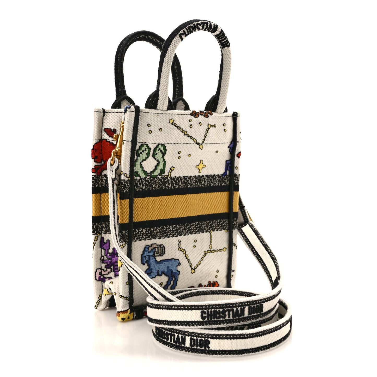 Canvas Embroidered Pixel Zodiac Mini Book Tote Phone Bag Latte Multicolor