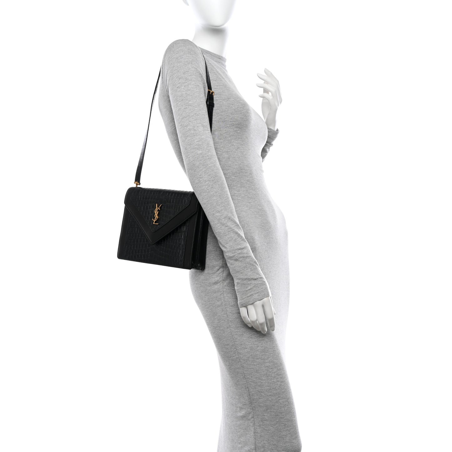 Calfskin Crocodile Embossed Gaby Satchel Black