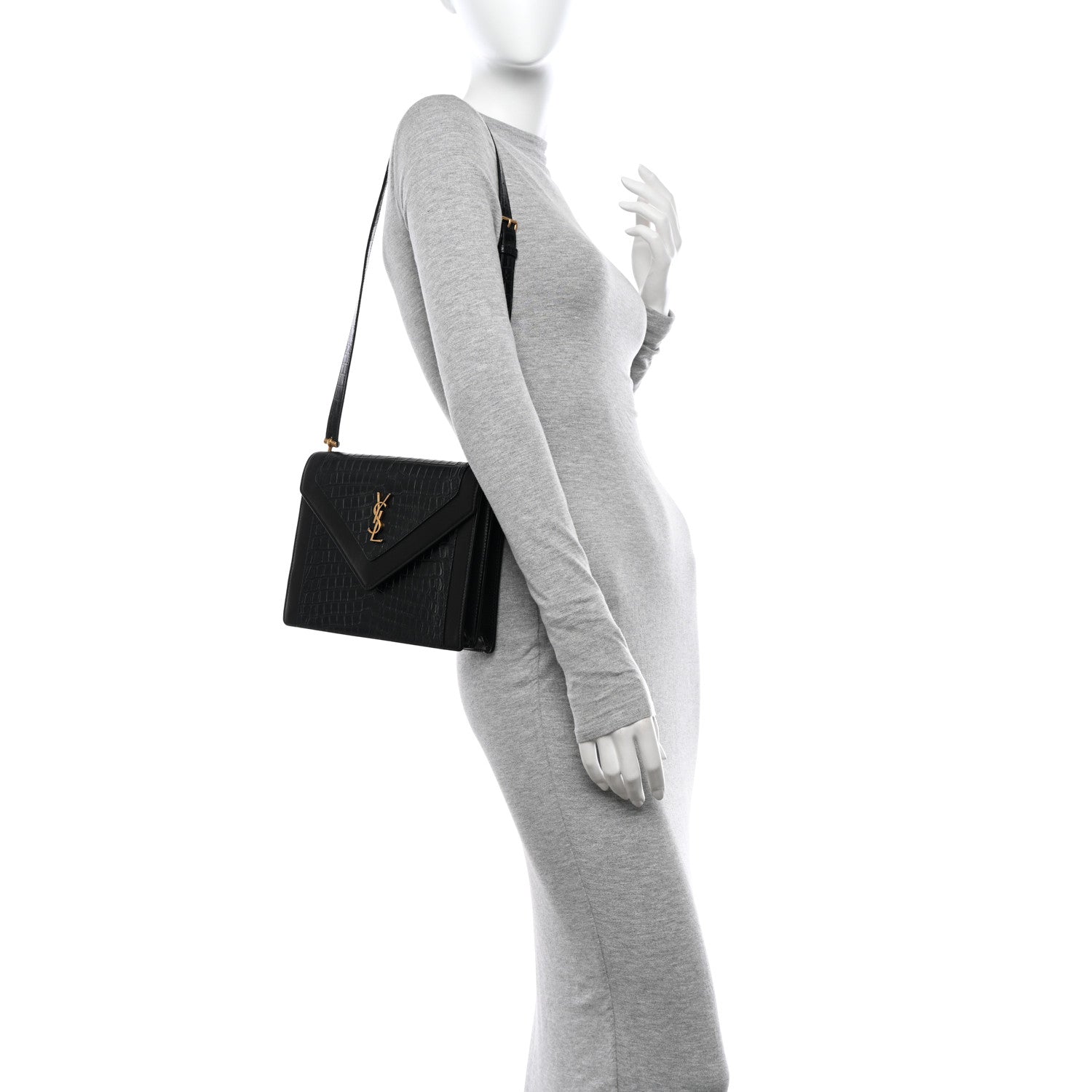 Saint Laurent Calfskin Crocodile Embossed Gaby Satchel Black 3 of 11