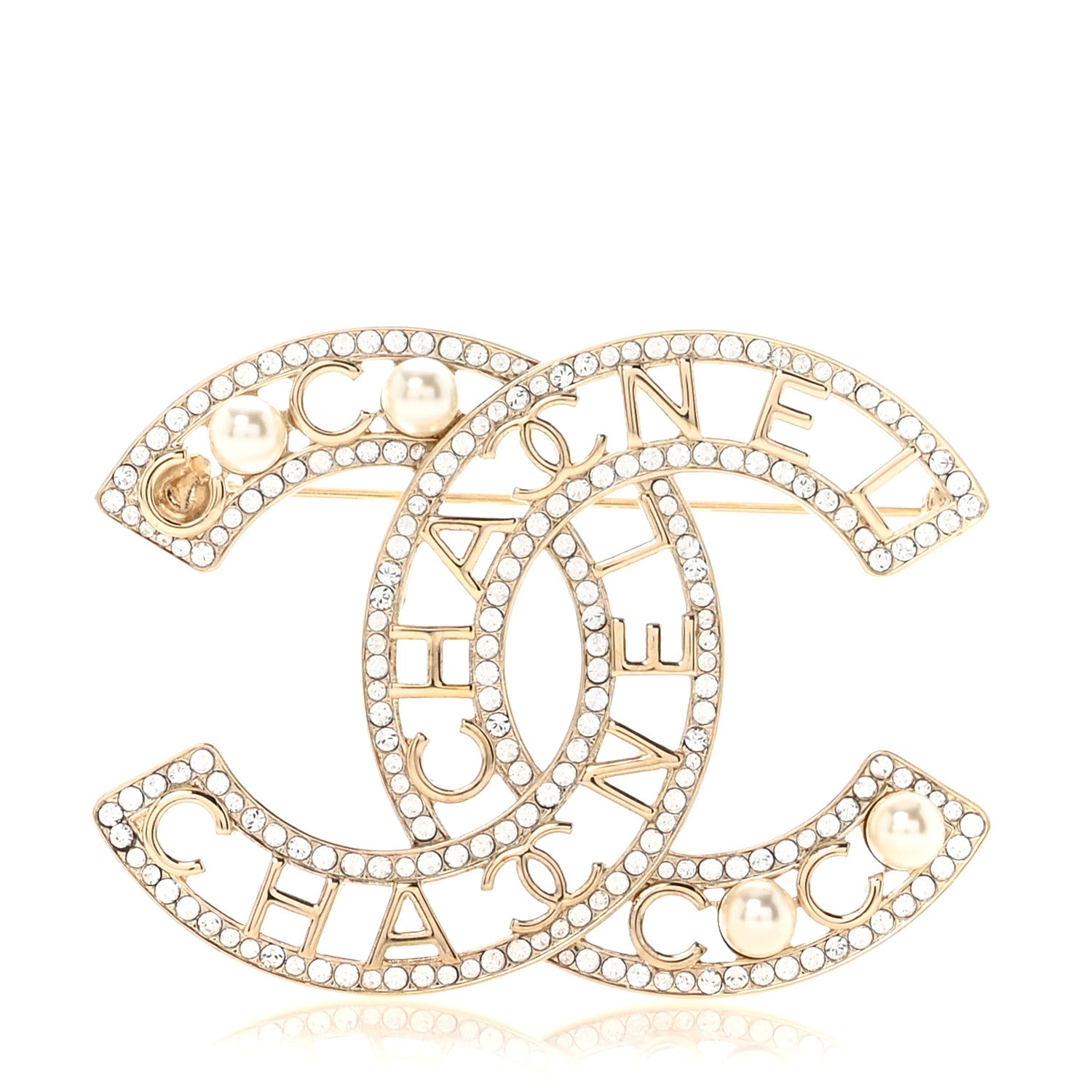 Chanel Crystal Pearl Coco CC Logo Brooch Gold 1 of 4