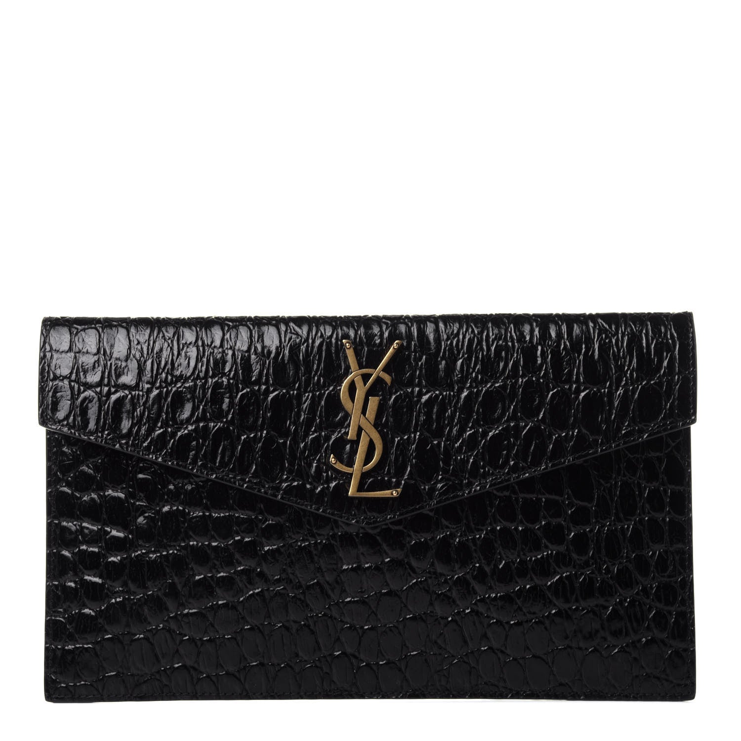 Saint Laurent Calfskin Crocodile Embossed Uptown Monogram Clutch Black 1 of 16