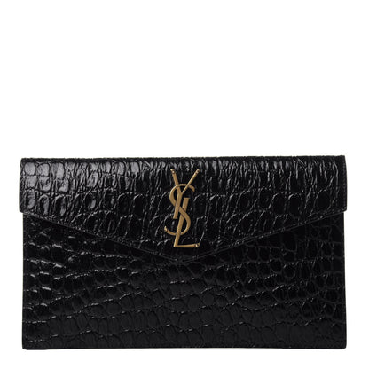Saint Laurent Calfskin Crocodile Embossed Uptown Monogram Clutch Black 1 of 16