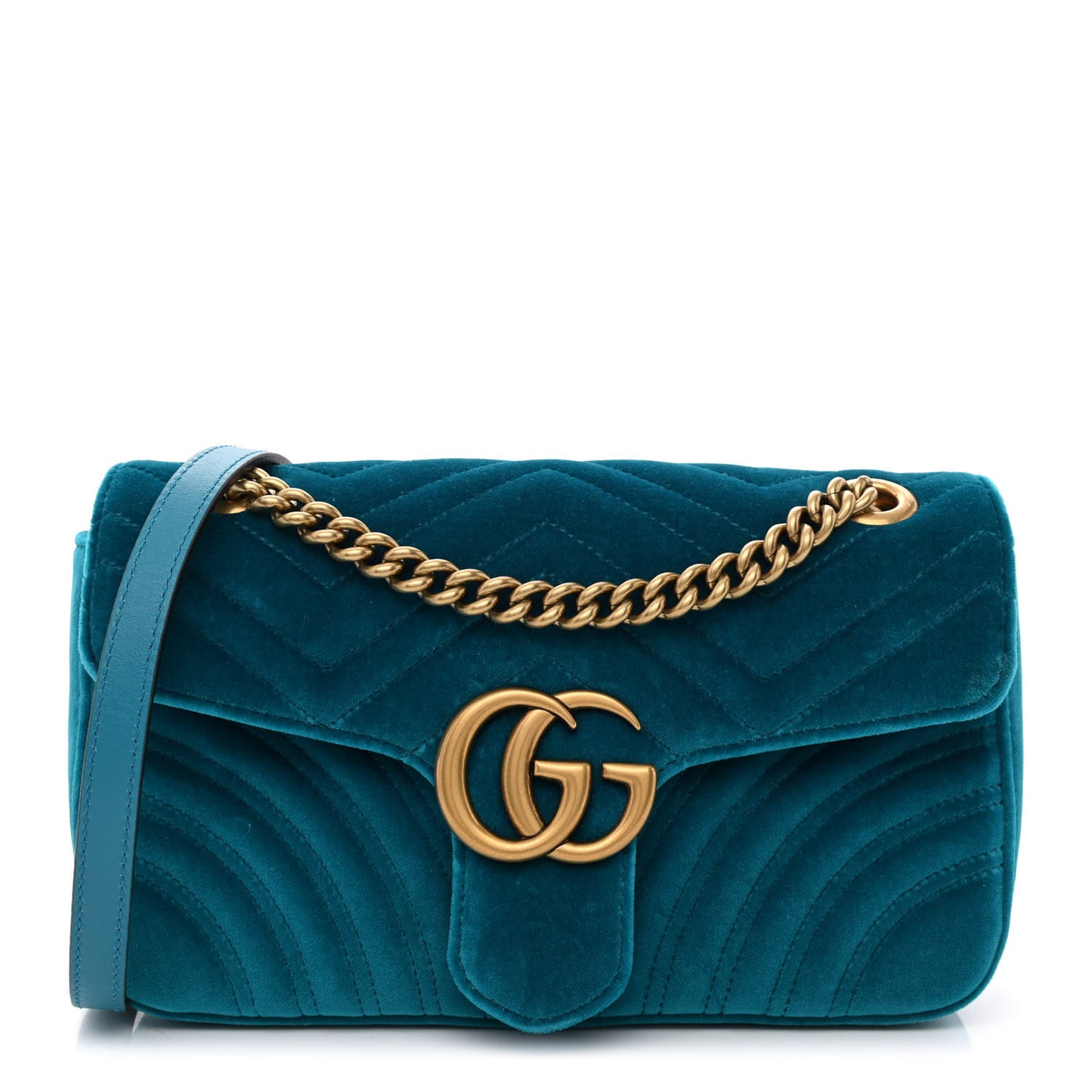 Velvet Matelasse Small GG Marmont Shoulder Bag Pavone Cyan