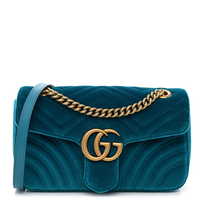 Gucci Velvet Matelasse Small GG Marmont Shoulder Bag Pavone Cyan 1 of 11