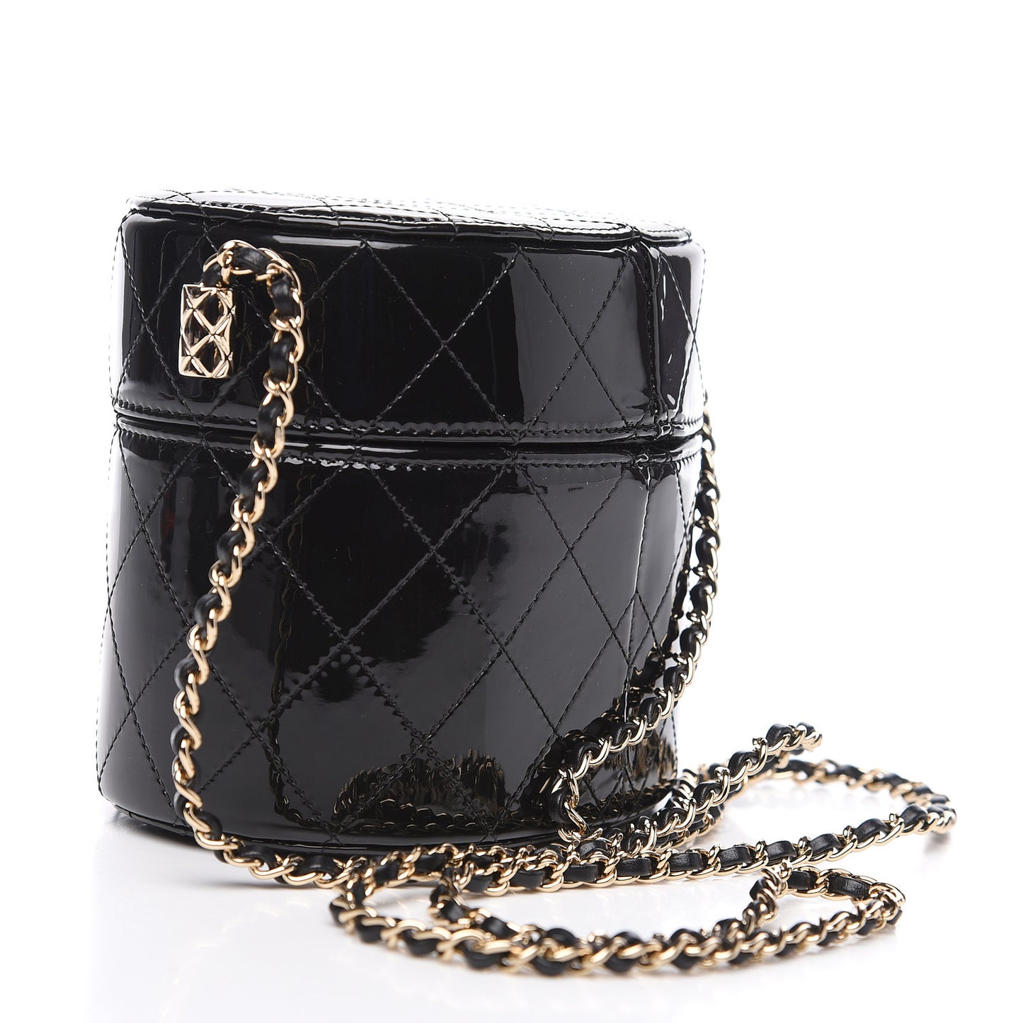 Patent Quilted Round Clutch With Chain Black