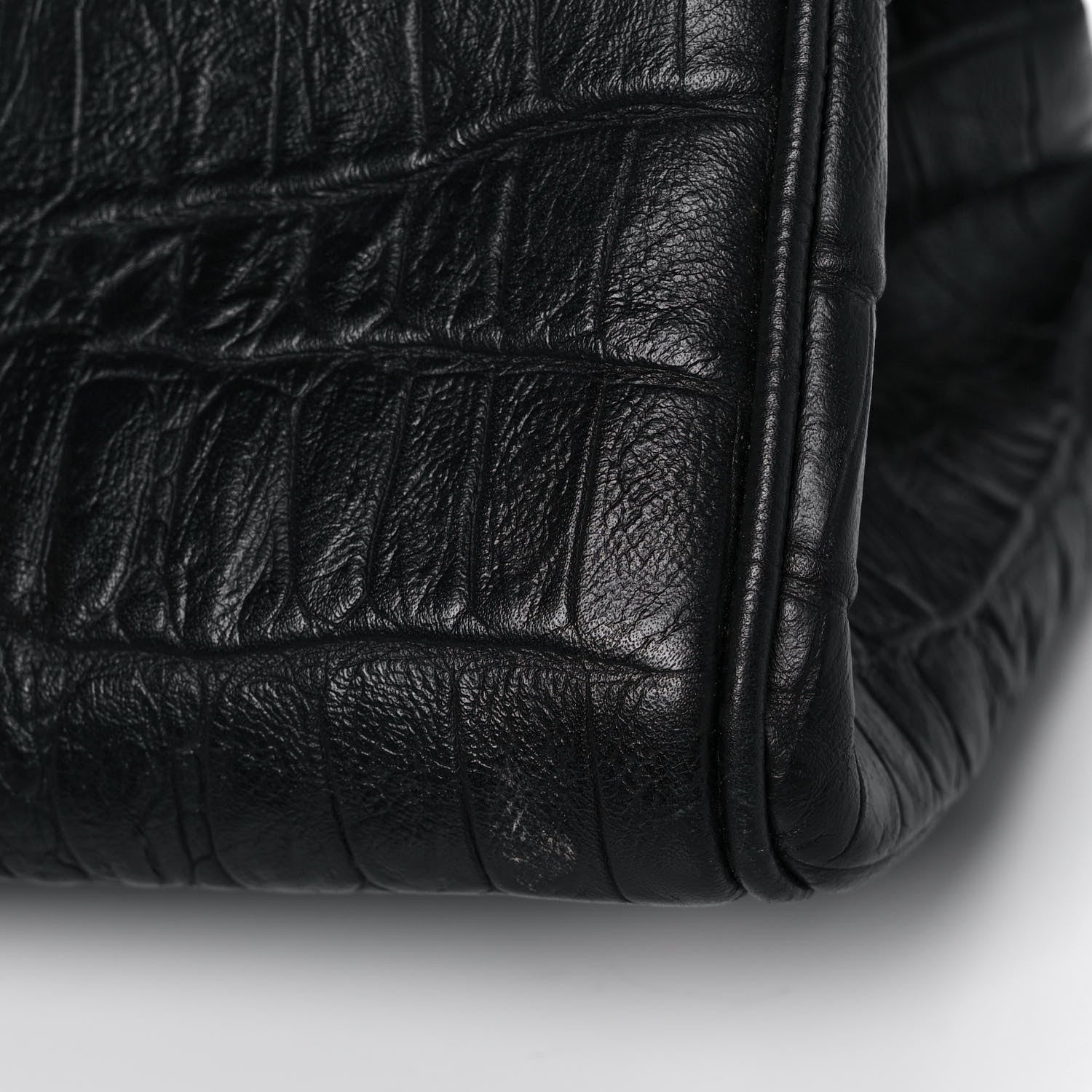 Saint Laurent Calfskin Crocodile Embossed Medium Trois Class Tote Black 14 of 17