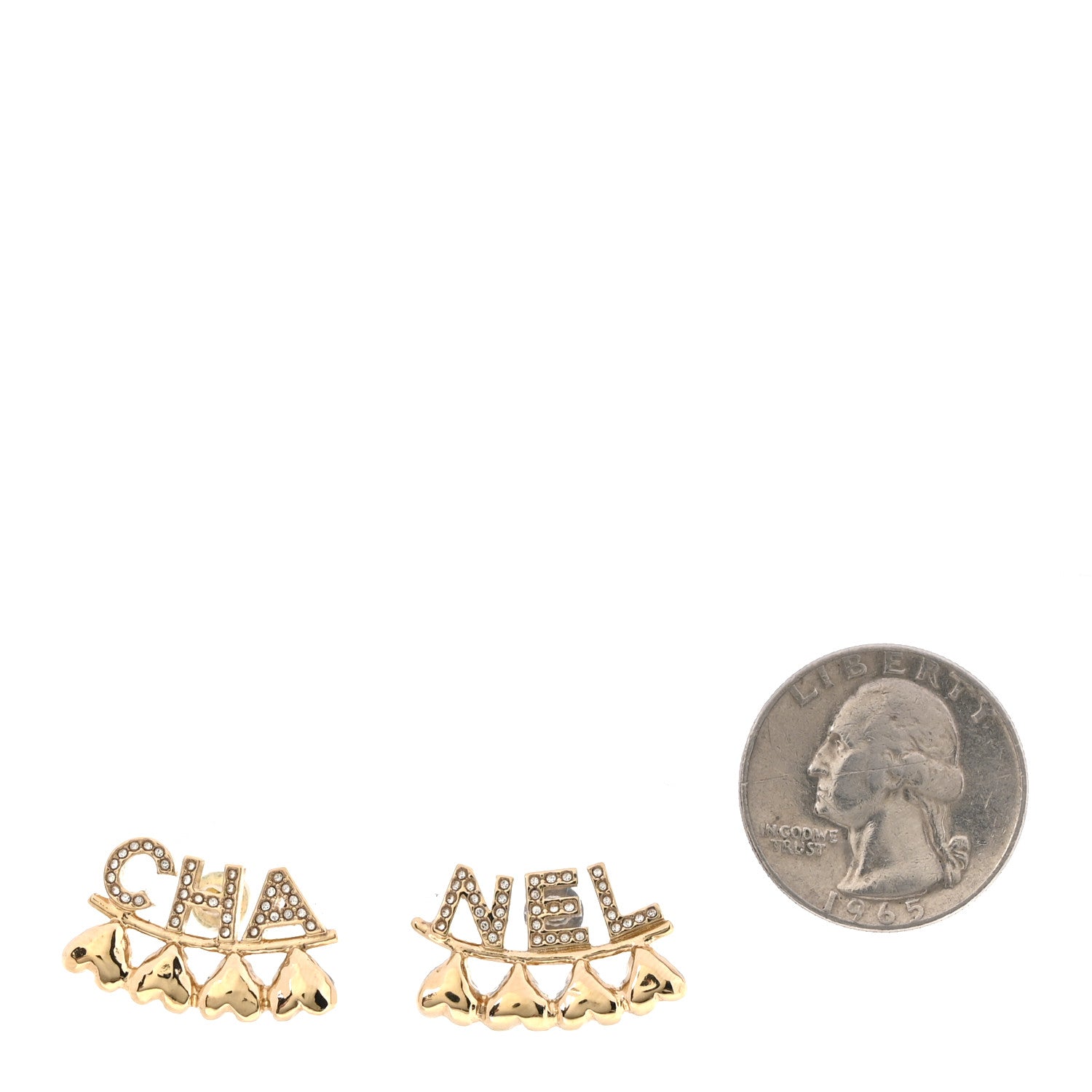 Chanel Crystal Heart Cha-Nel Logo Earrings Gold 2 of 5