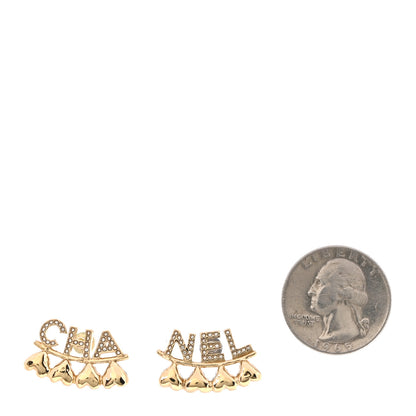 Chanel Crystal Heart Cha-Nel Logo Earrings Gold 2 of 5