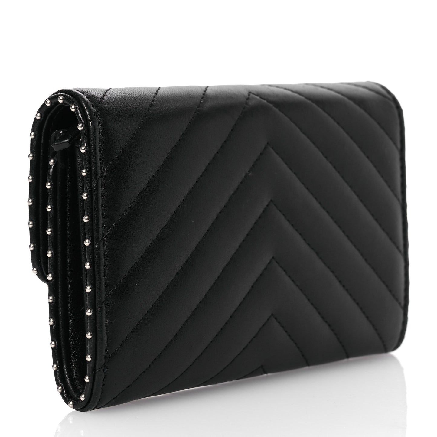 Lambskin Chevron Quilted Studded Small Flap Wallet Black