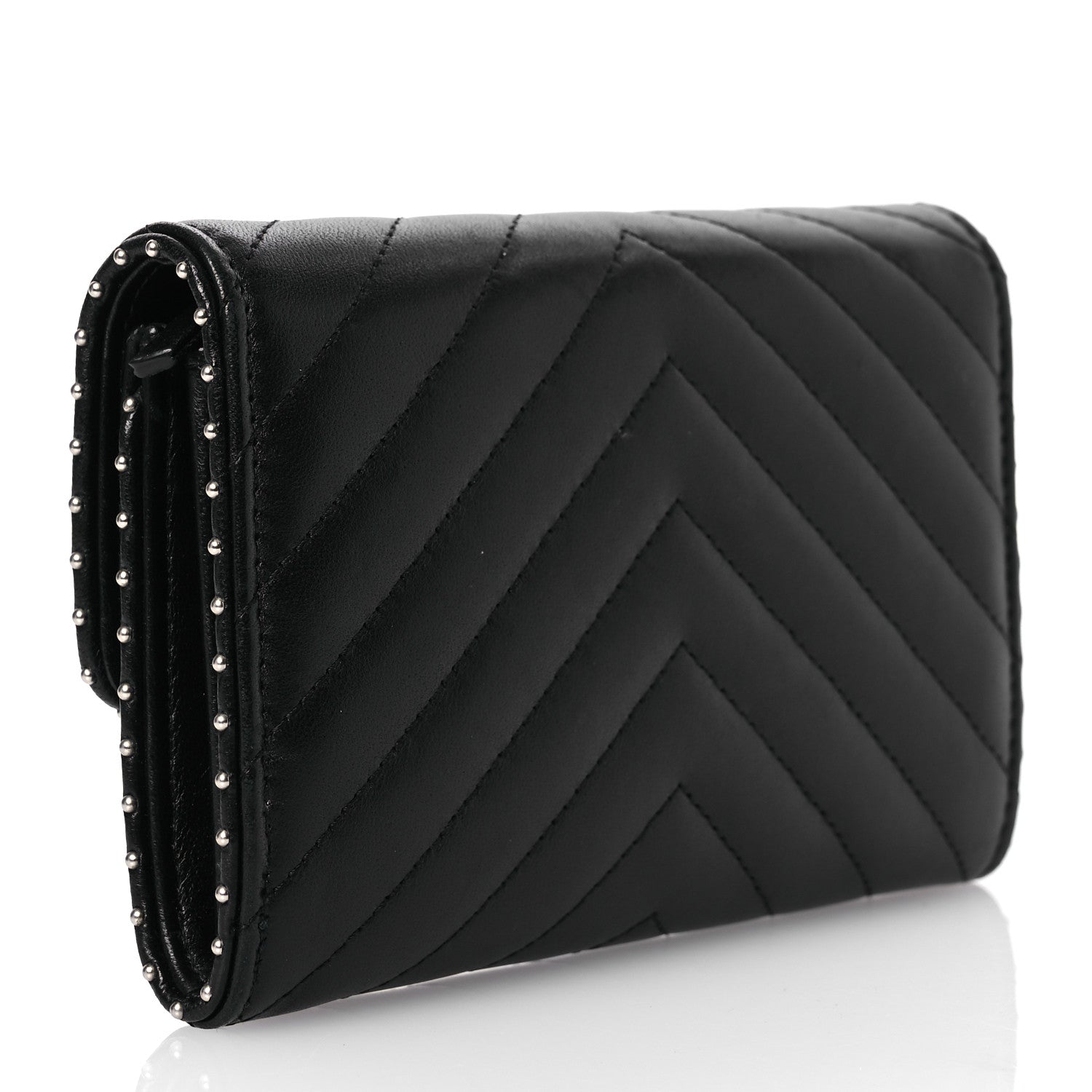 Chanel Lambskin Chevron Quilted Studded Small Flap Wallet Black 3 of 16