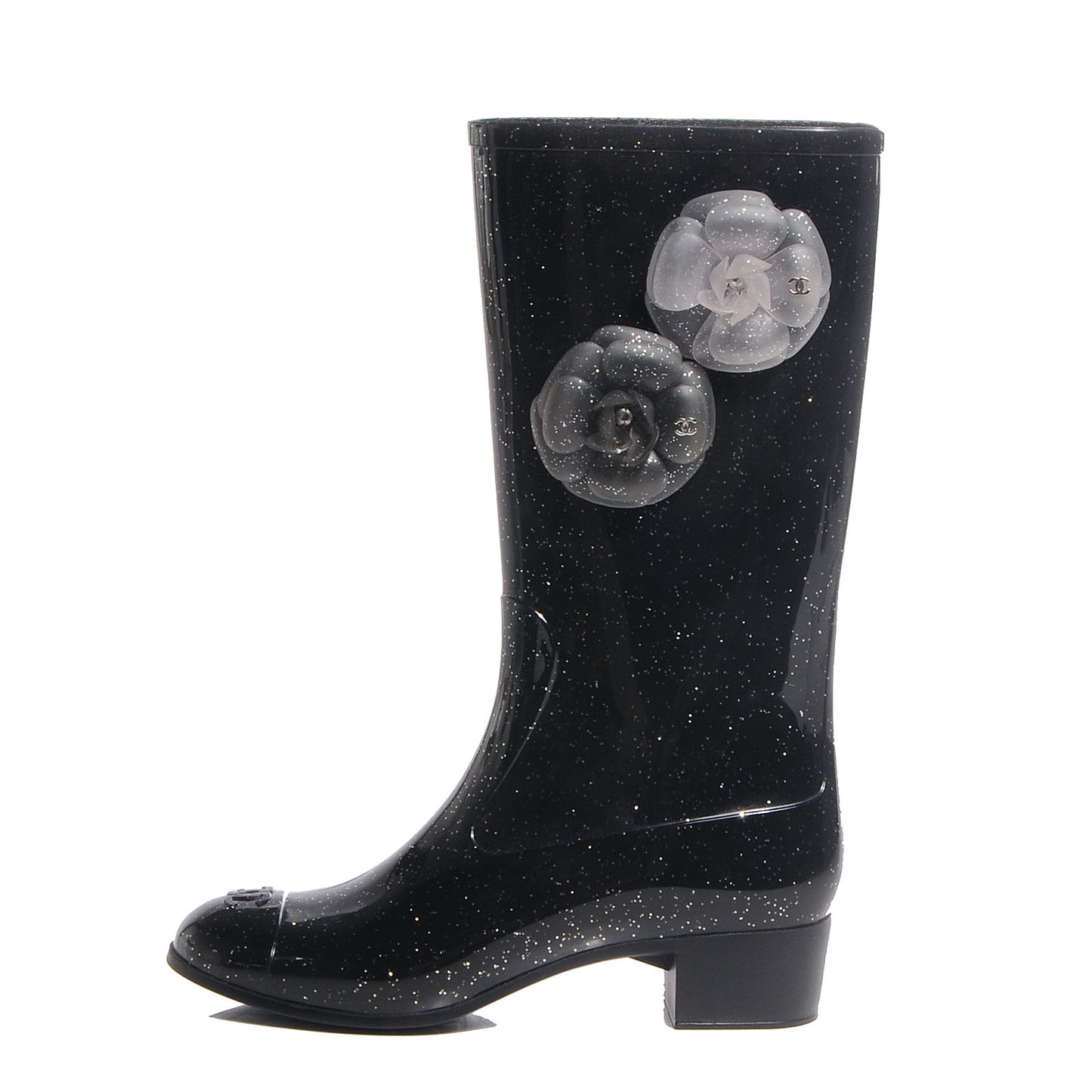 Rubber Glitter Camellia Rain Boots 37 Black