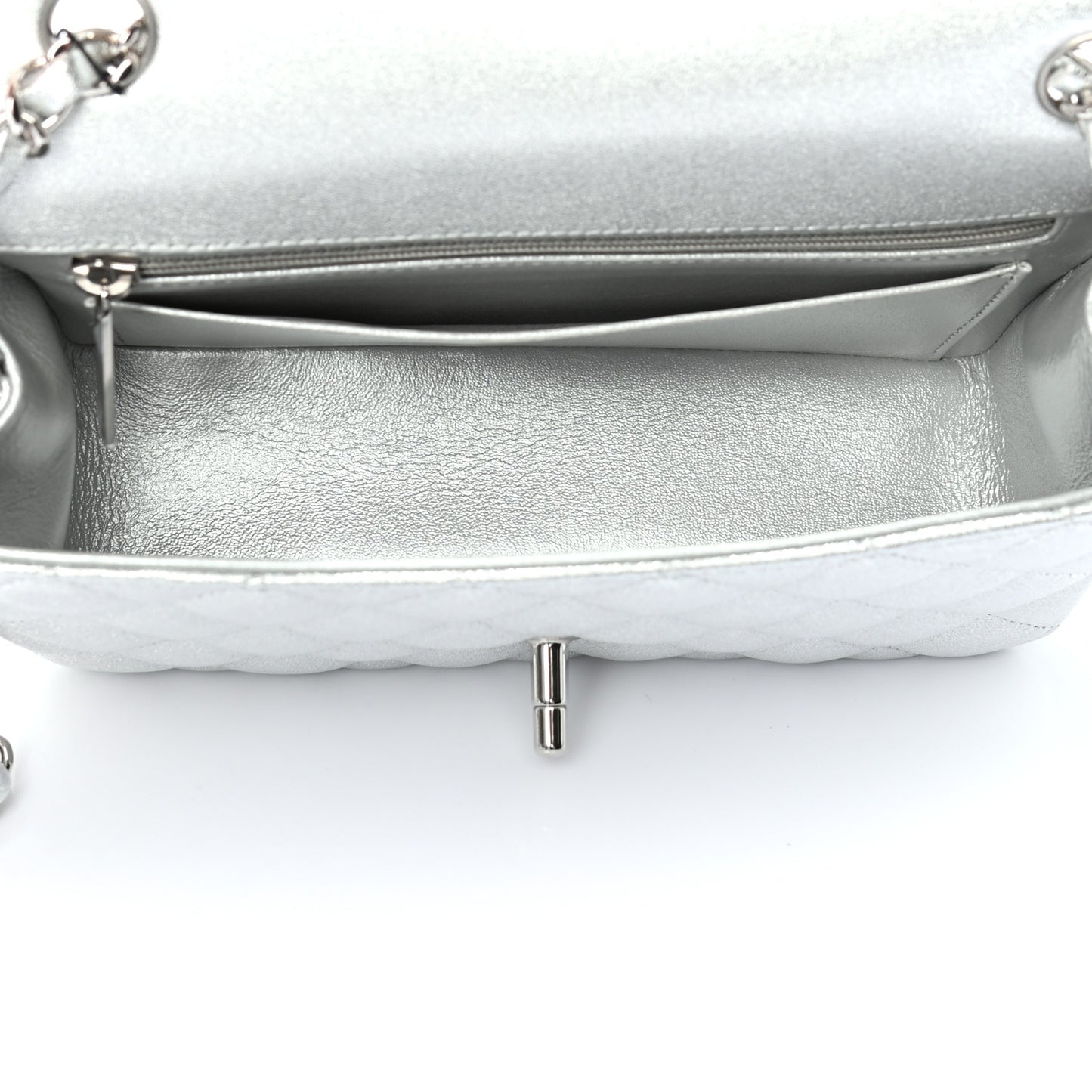 Metallic Lambskin Quilted Mini Rectangular Flap Silver