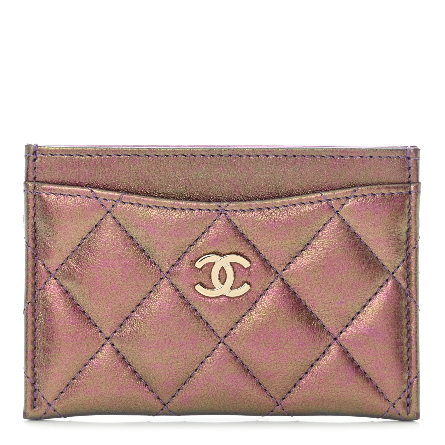Iridescent Calfskin Quilted Card Holder Pink