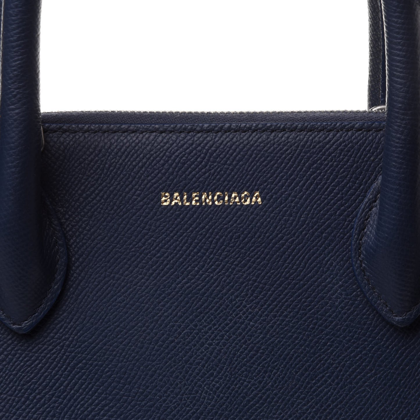 Signature Grained Calfskin Logo S Ville Top Handle Bag Bleu Canopee White