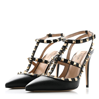 Valentino Garavani Pebbled Calfskin Rockstud Ankle Strap 100mm Pumps 39 Black 3 of 16