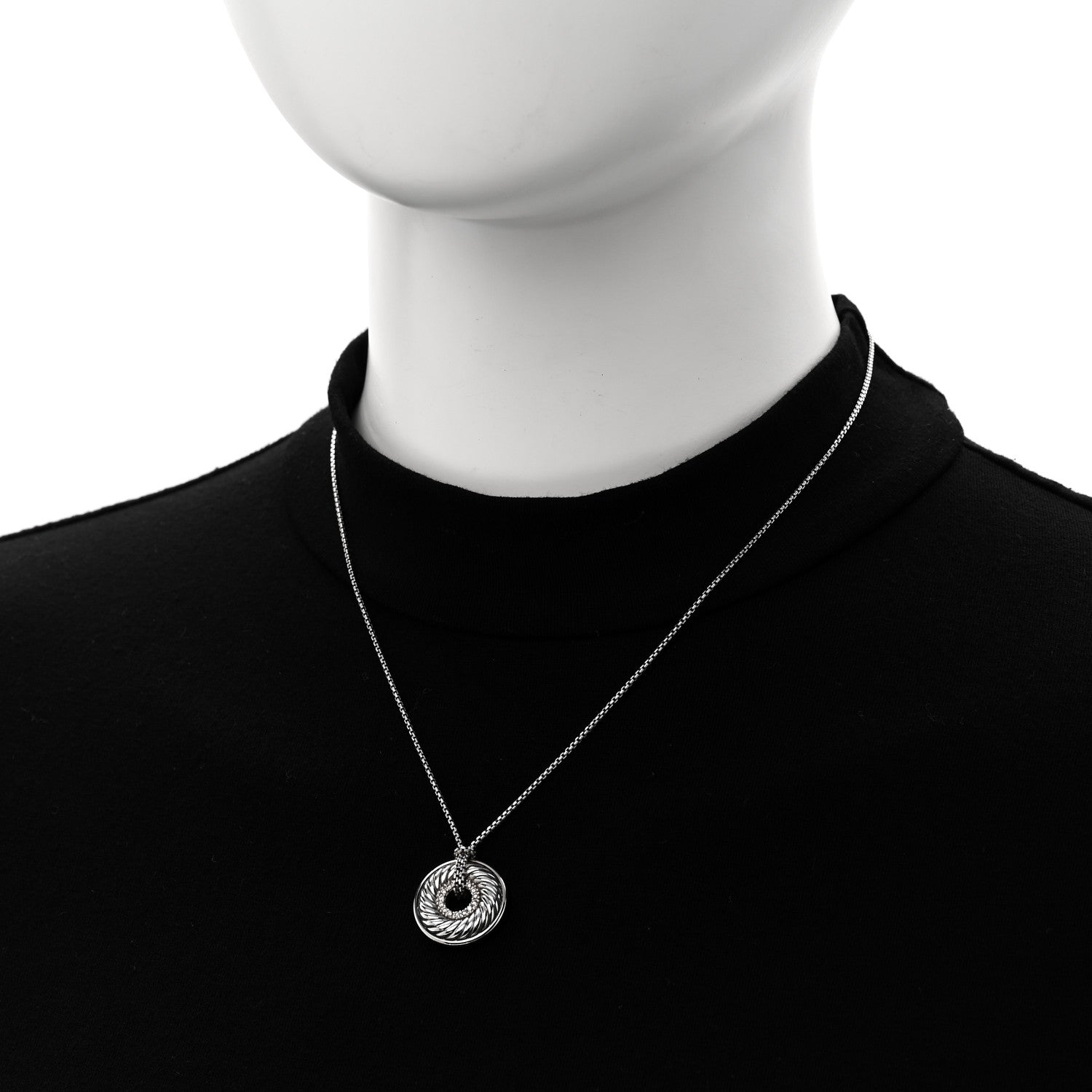David Yurman Sterling Silver Diamond Sculpted Cable Disc Necklace 2 of 4