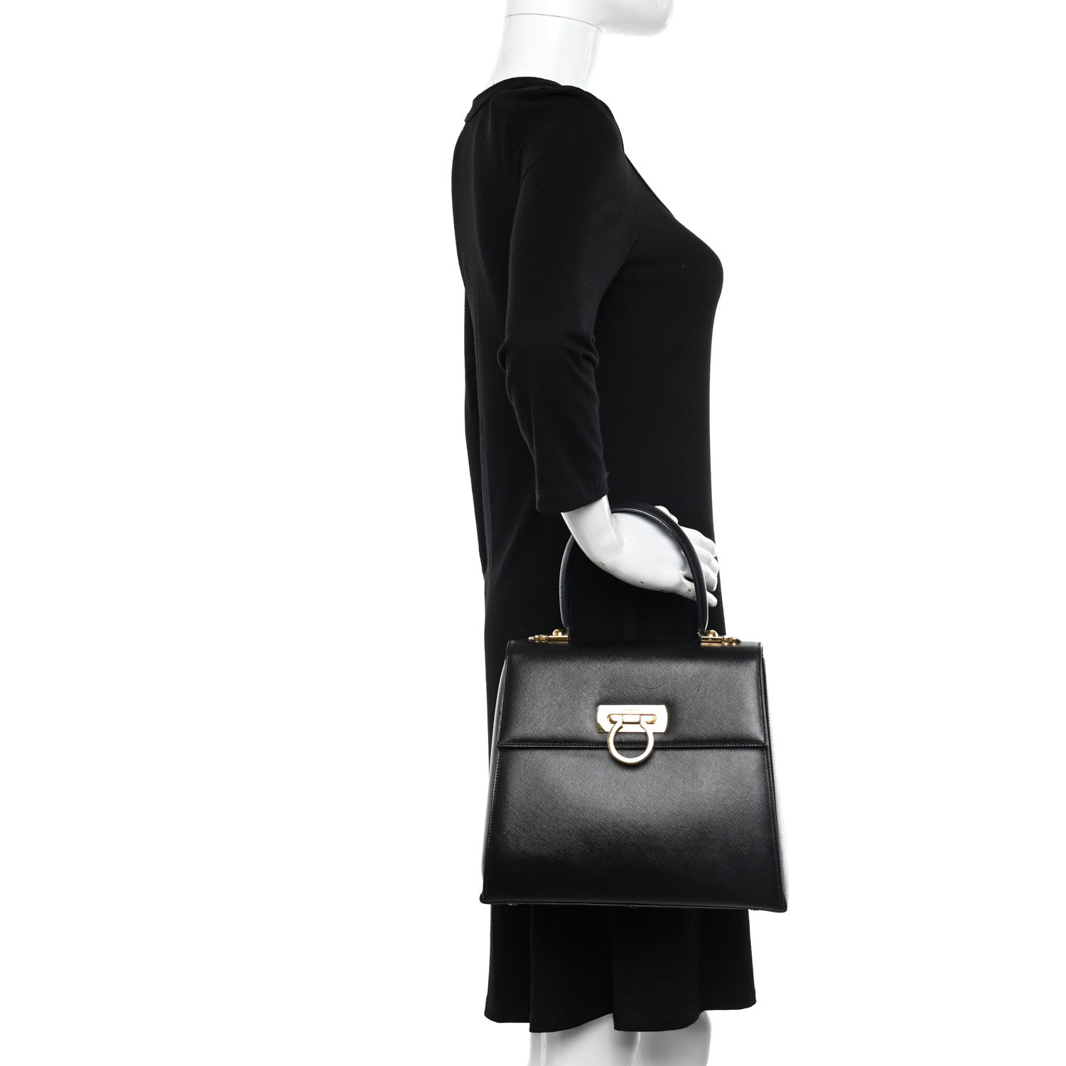 Salvatore Ferragamo Hammered Calfskin Medium Iconic Top Handle Bag Black 2 of 12