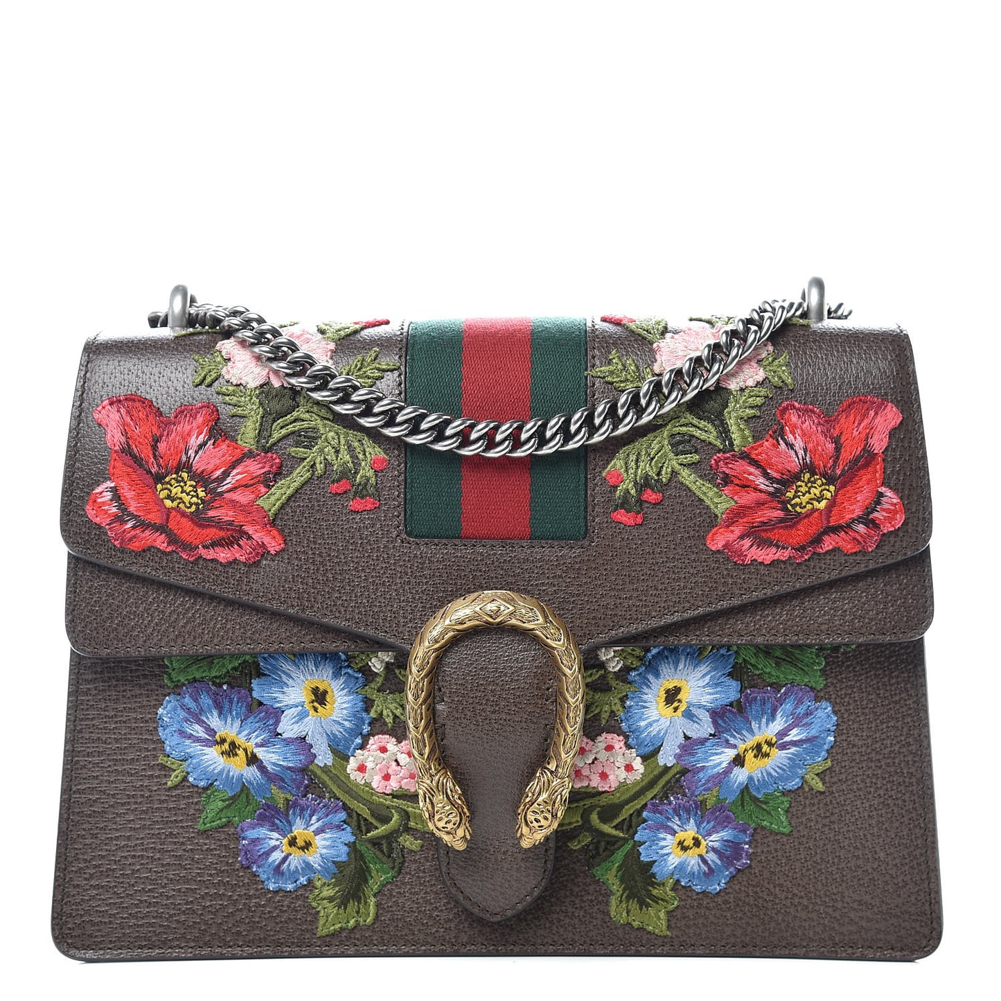 Calfskin Web Floral Embroidered Medium Dionysus Shoulder Bag New Acero