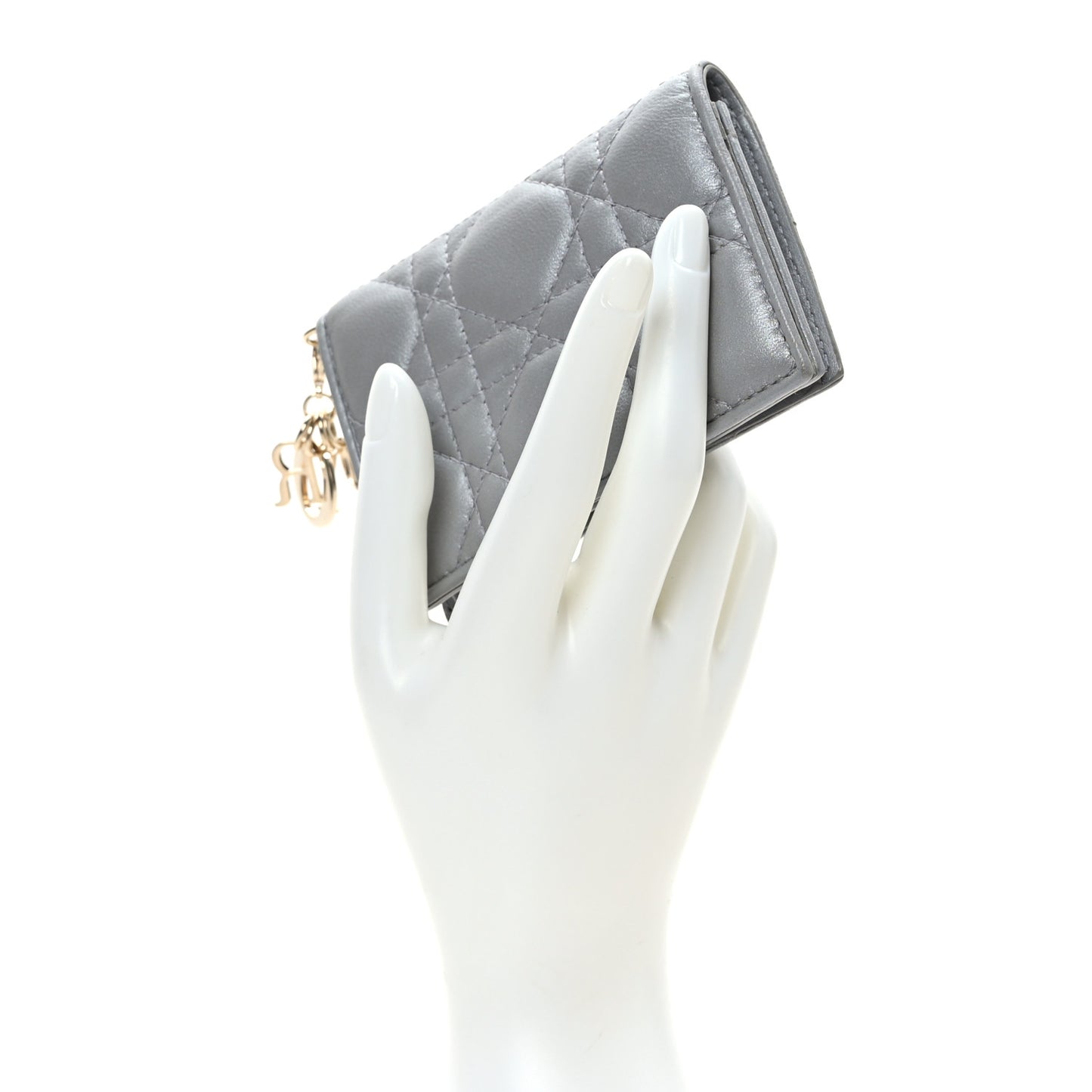 Metallic Lambskin Cannage SmallLady Dior Flap Card Holder Silver