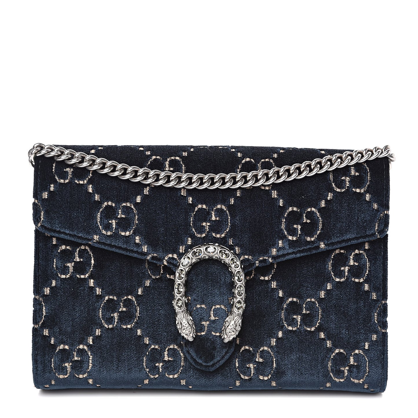 Velvet Crystal GG Monogram Mini Dionysus Chain Wallet Blue Beige Black