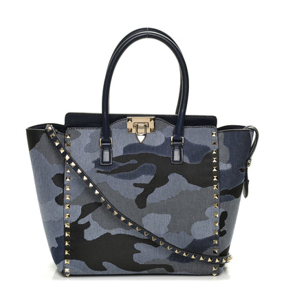 Valentino Garavani Canvas Camouflage Rockstud Double Handle Tote Blue 1 of 6