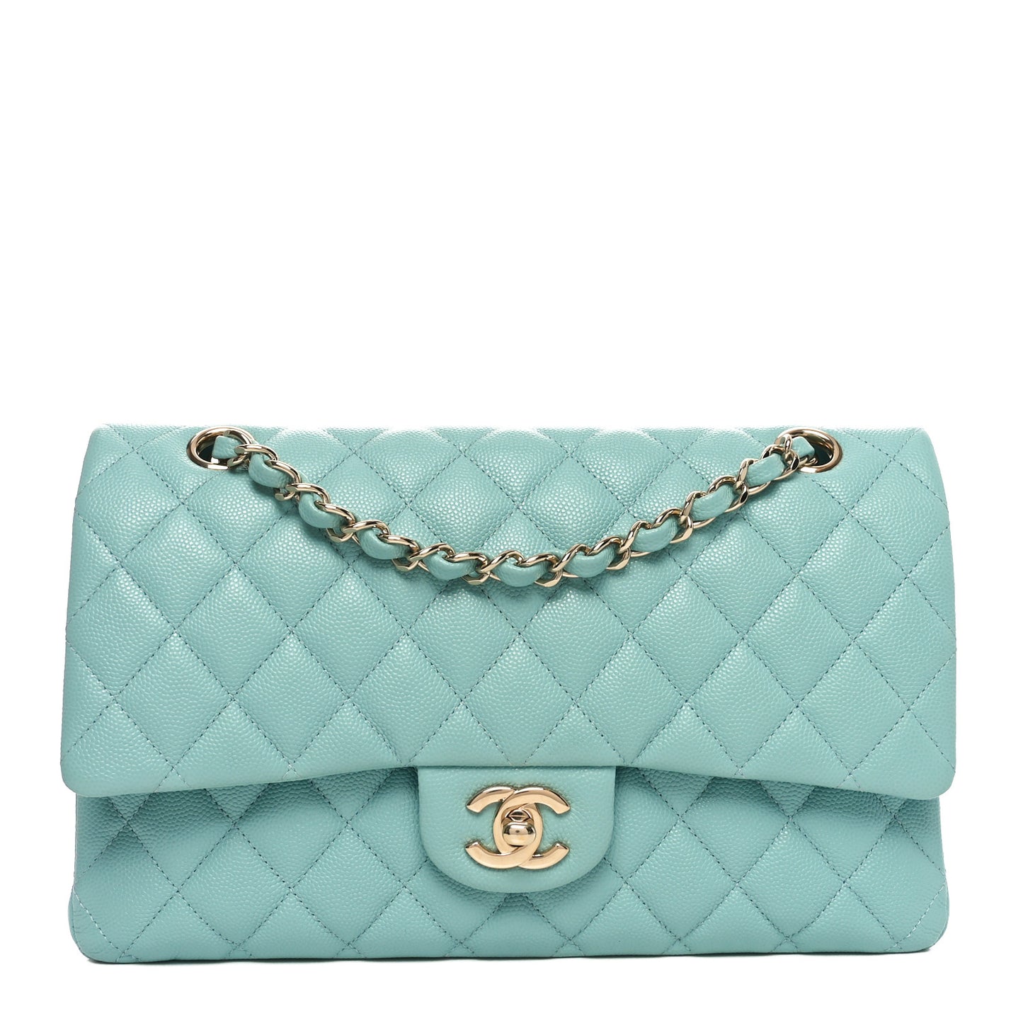 Caviar Quilted Medium Double Flap Light Blue