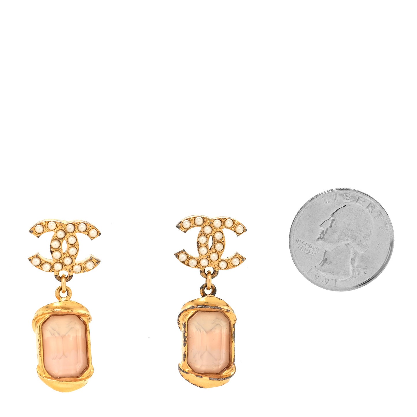 Metal Crystal Pearl CC Drop Earrings Gold Pink