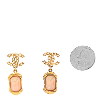 Chanel Metal Crystal Pearl CC Drop Earrings Gold Pink 2 of 5