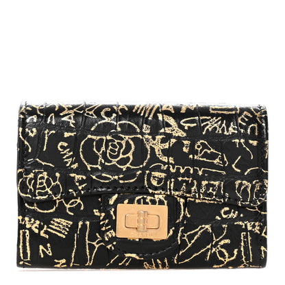 Chanel Calfskin Crocodile Embossed Graffiti 2.55 Crocodile Reissue Flap Card Holder Black Gold 1 of 9
