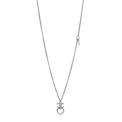 Chanel Crystal CC Heart Drop Chain Necklace Silver 1 of 5