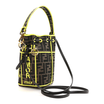 Fendi Fabric Jacquard Shiny Nappa FF 1974 Logo Threaded Edge Mini Mon Tresor Bucket Bag Tobacco Moro Giallo Fluo 2 of 9