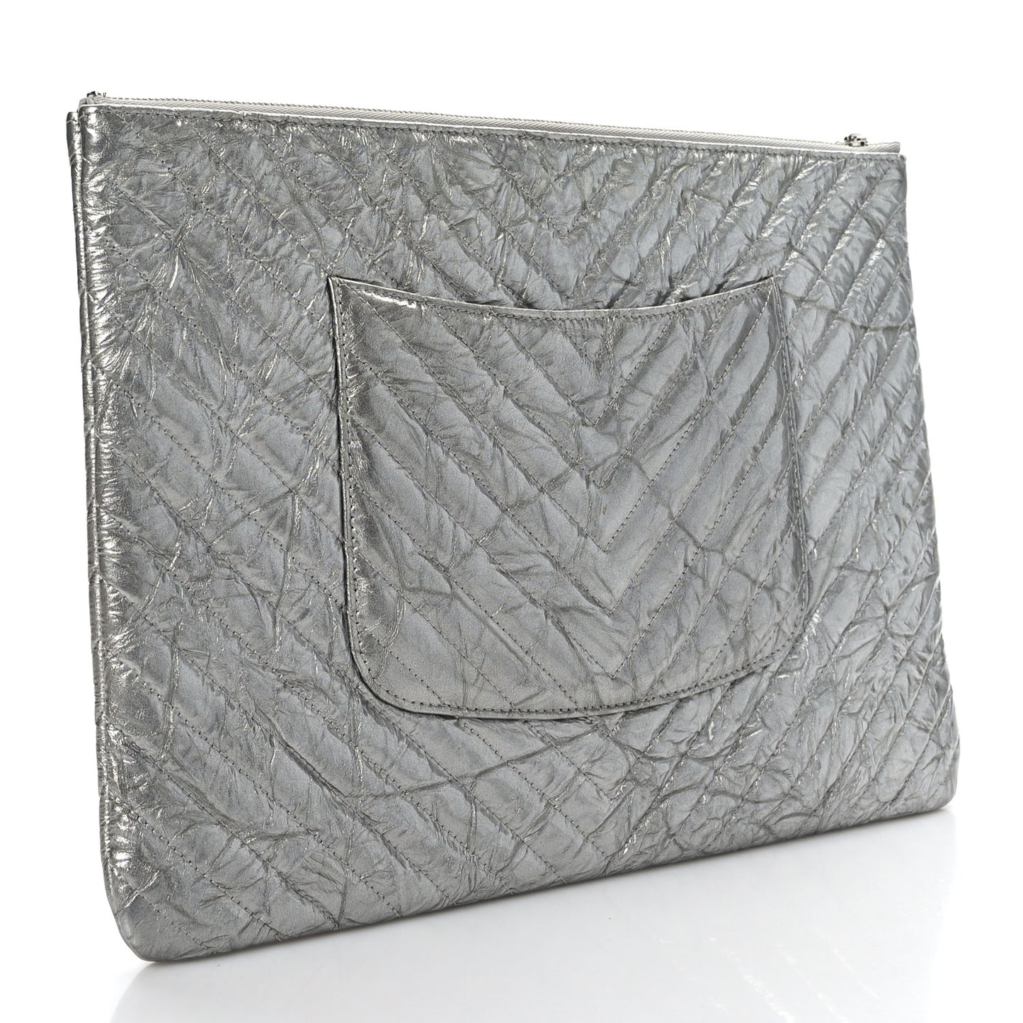 Metallic Crumpled Calfskin Chevron Quilted Large Cosmetic Case Silver