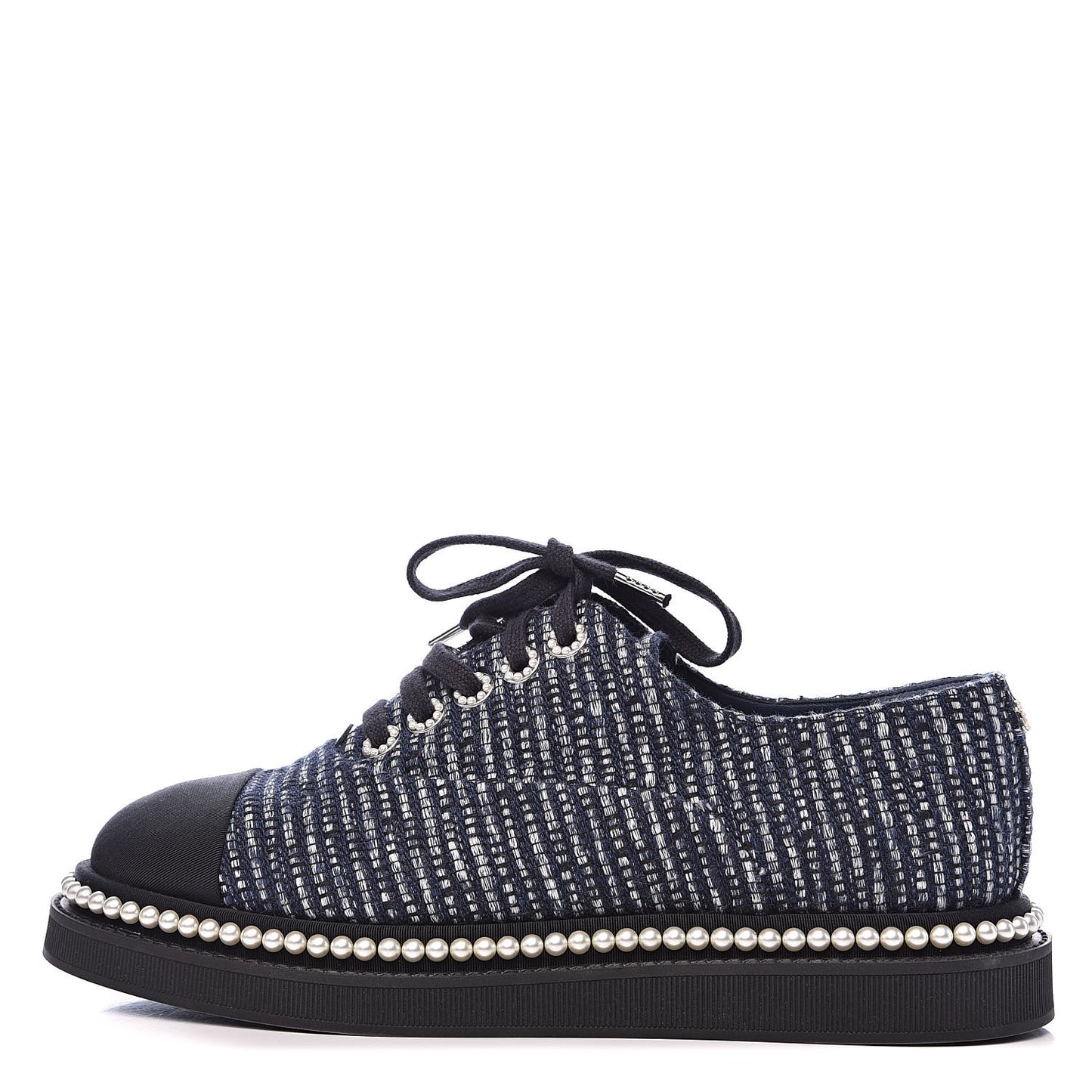 Tweed Grosgrain Pearl Lace Up Sneakers 38 Navy Black
