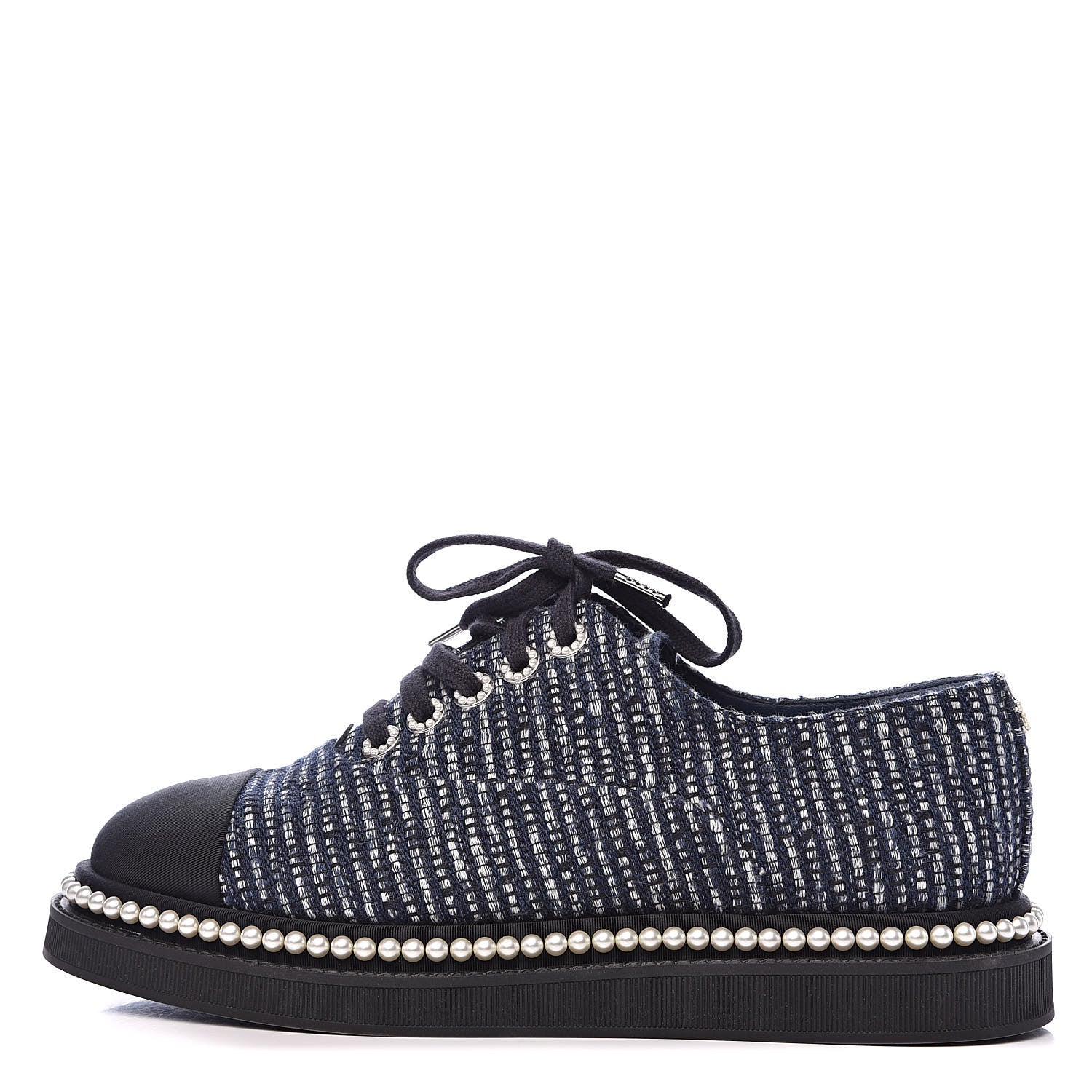 Chanel Tweed Grosgrain Pearl Lace Up Sneakers 38 Navy Black 1 of 9