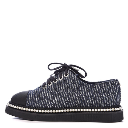 Chanel Tweed Grosgrain Pearl Lace Up Sneakers 38 Navy Black 1 of 9