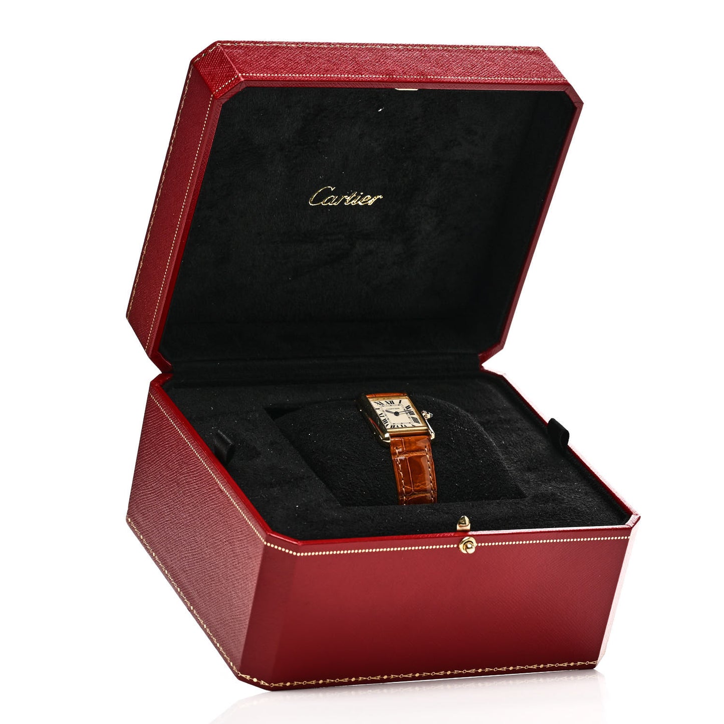 18K Yellow Gold Alligator 22mm Tank Louis Quartz Watch Brown