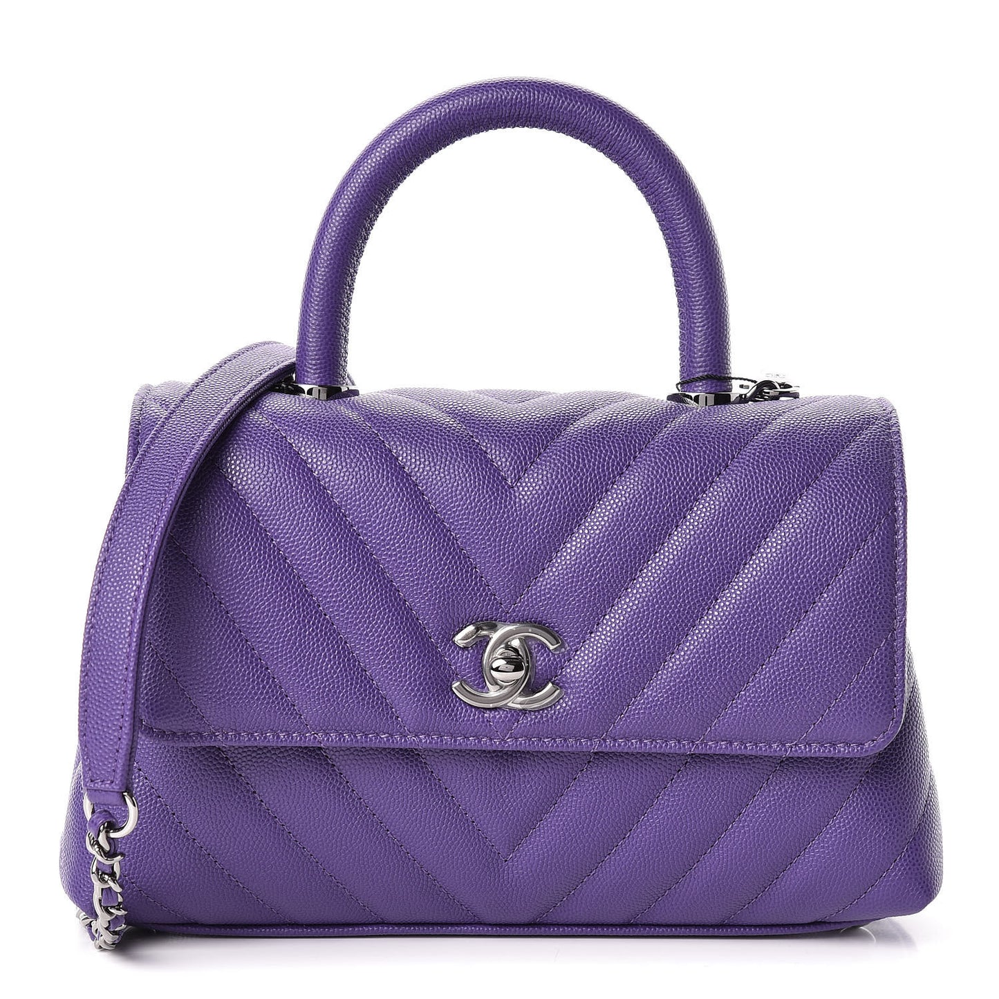 Caviar Chevron Quilted Mini Coco Handle Flap Purple