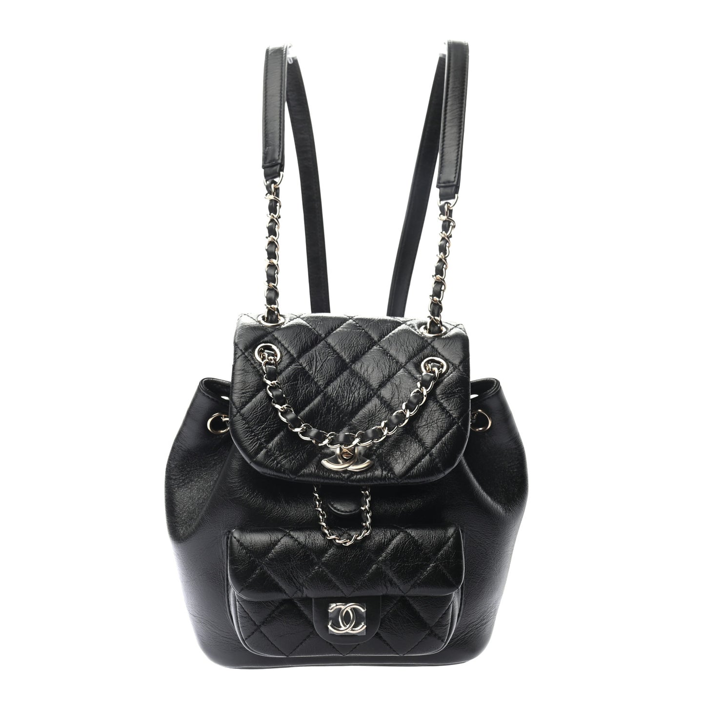 Glazed Aged Calfskin Quilted Small Duma Drawstring Backpack Black
