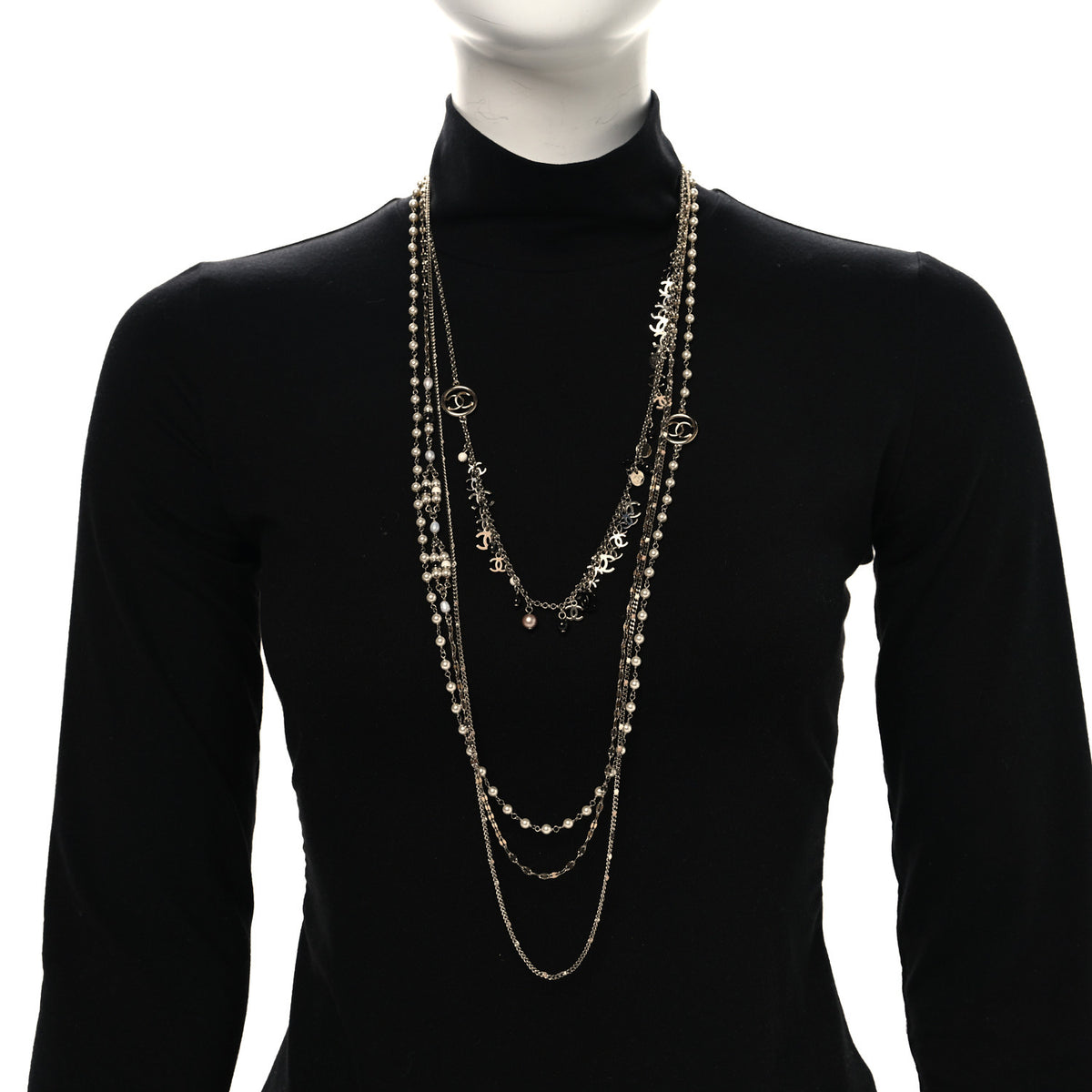 Chanel Pearl Bead Crystal CC Multi Strand Long Necklace Light Gold Black 2 of 4