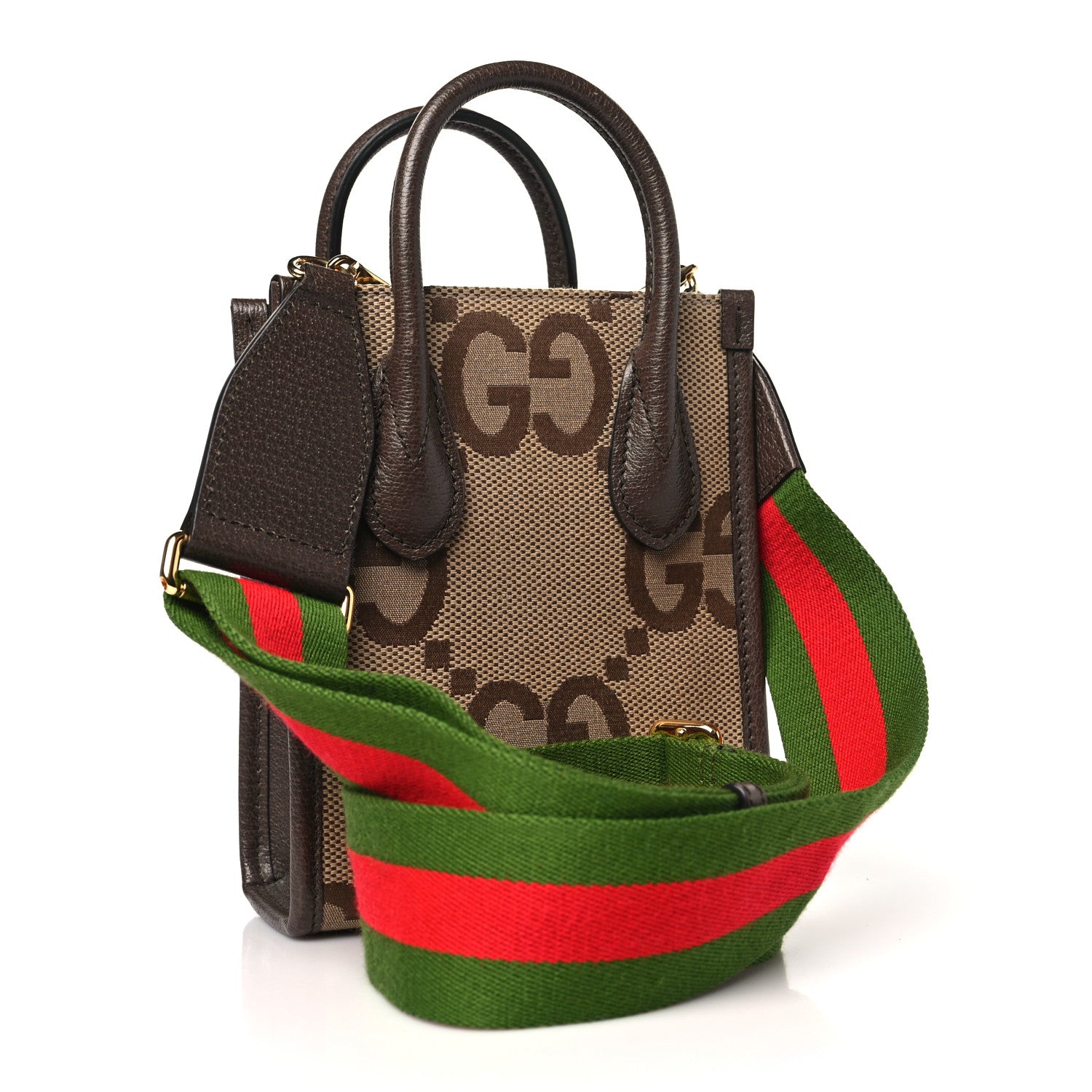 Gucci Monogram Jumbo GG Textured Dollar Calfskin Web Mini Vertical Tote Camel Ebony New Acero 3 of 11