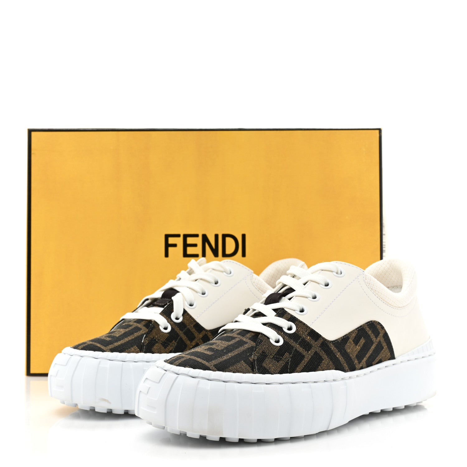 Fendi Fabric Jacquard Vitello Technical Fabric FF Womens Fendi Force Low Top Sneakers 38 Tobacco Black Ultrawhite White 11 of 11