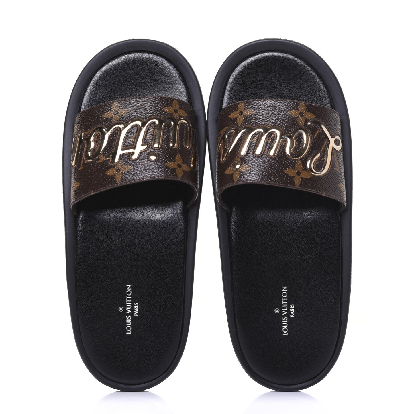Metallic Calfskin Monogram Logo Sunbath Slide Sandals 35