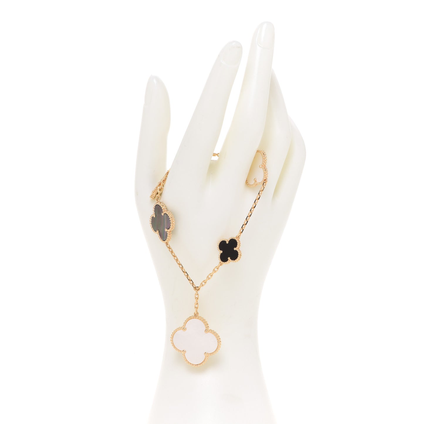 18K Yellow Gold Grey Mother of Pearl Black Onyx 5 Motifs Magic Alhambra Bracelet