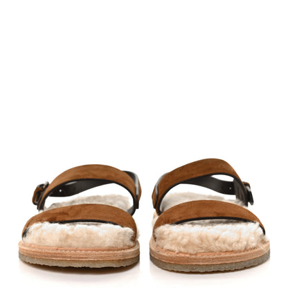 Saint Laurent Suede Shearling Joan Noe Flat Sandals 38 Brown 2 of 7