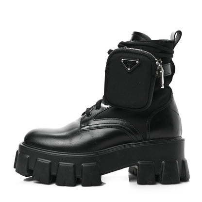 Prada Spazzolato Rois Re-Nylon Metal Triangle Logo Monolith Pouch Pocket 55mm Boots 37 Black 1 of 6
