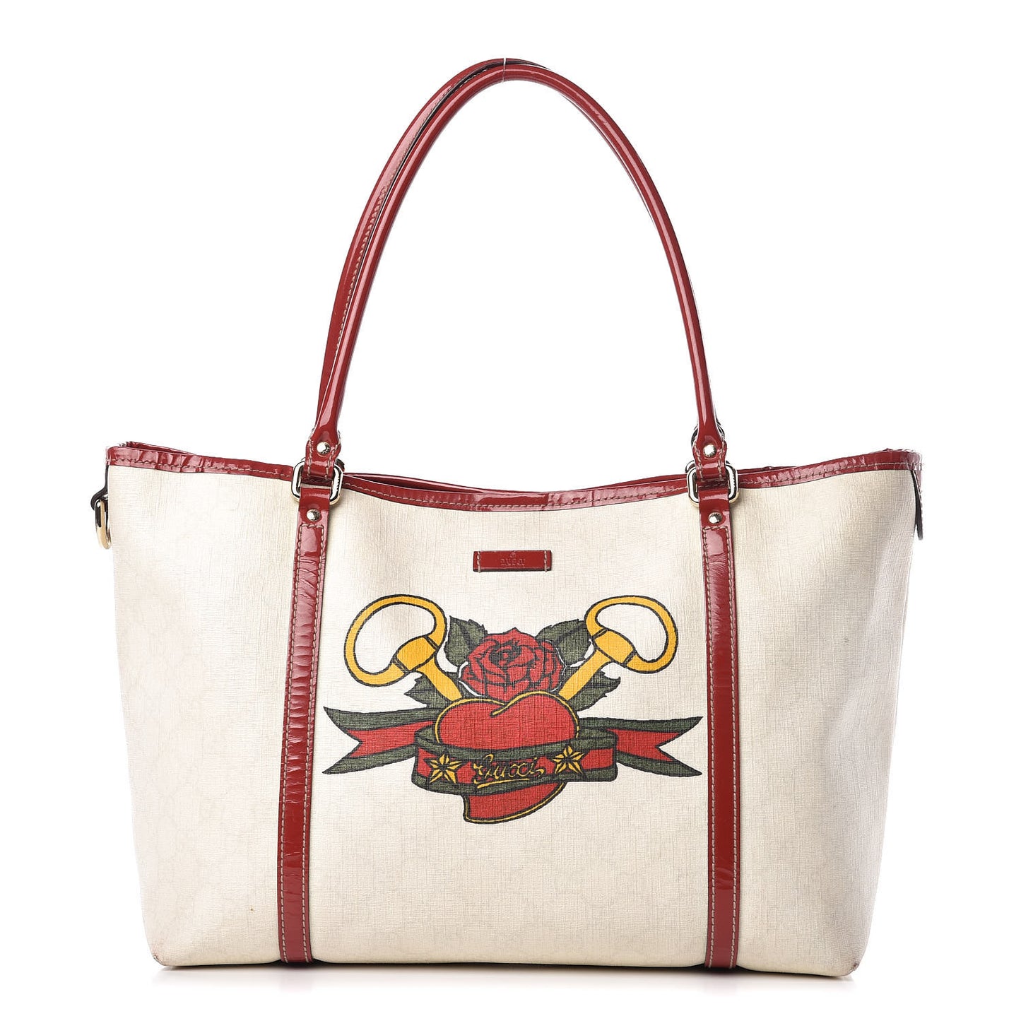 GG Plus Monogram Tattoo Heart Medium Joy Tote Off White Red