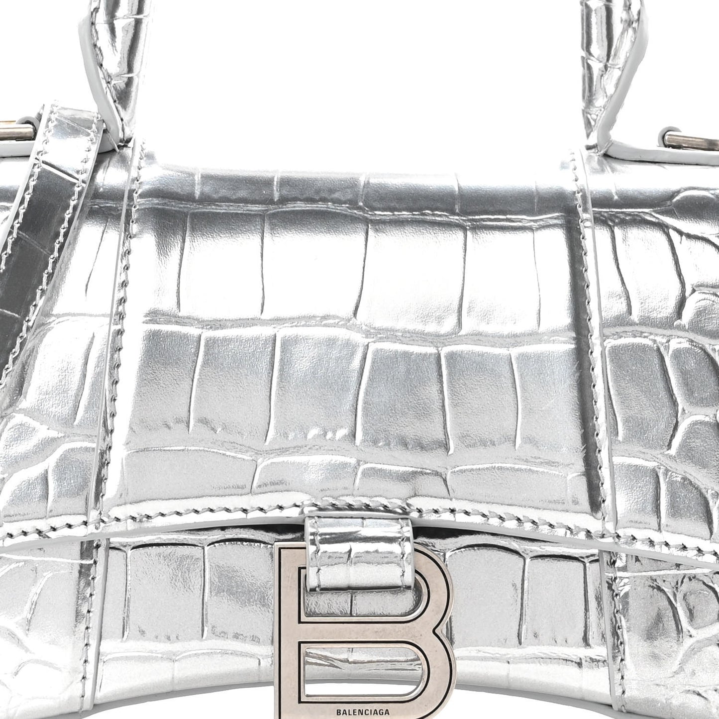 Metallic Calfskin Crocodile Embossed Hourglass Top Handle Bag XS Silver