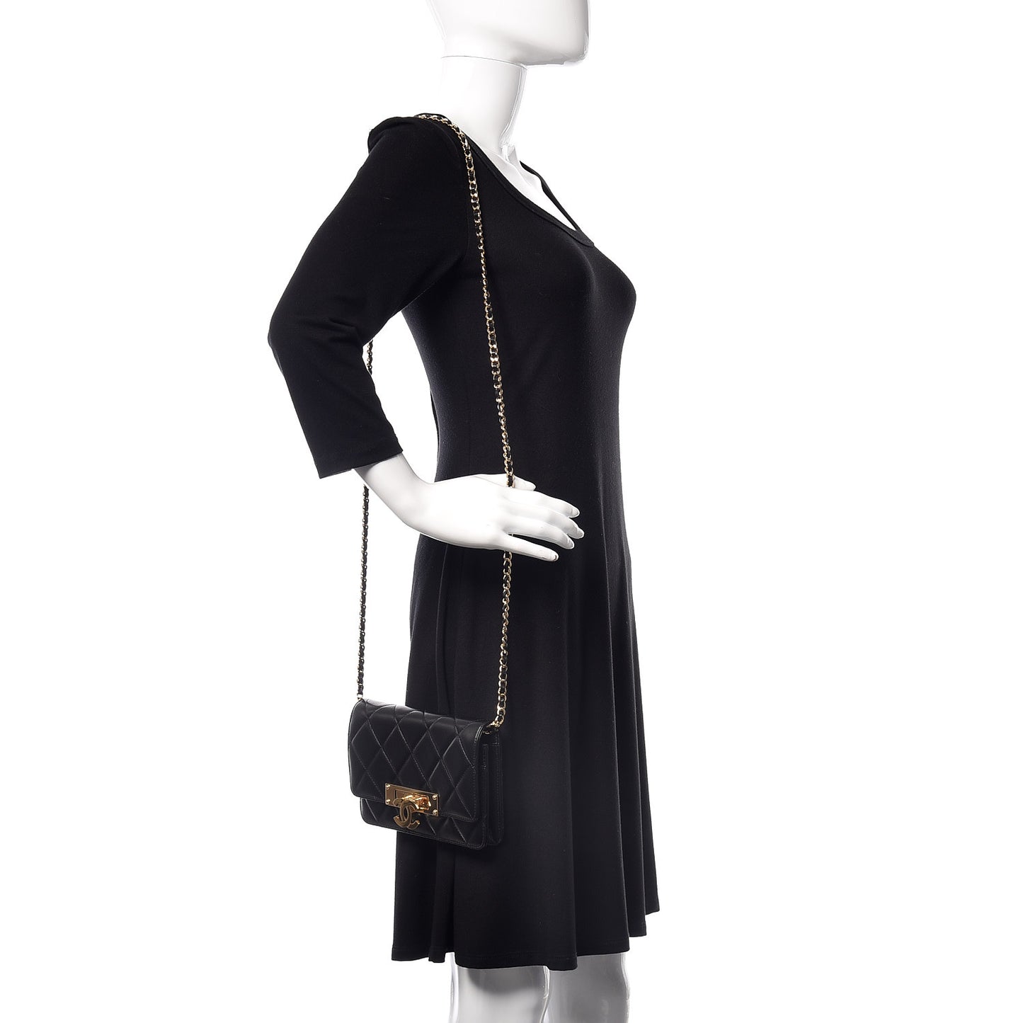 Lambskin Quilted Golden Class Wallet on Chain WOC Black