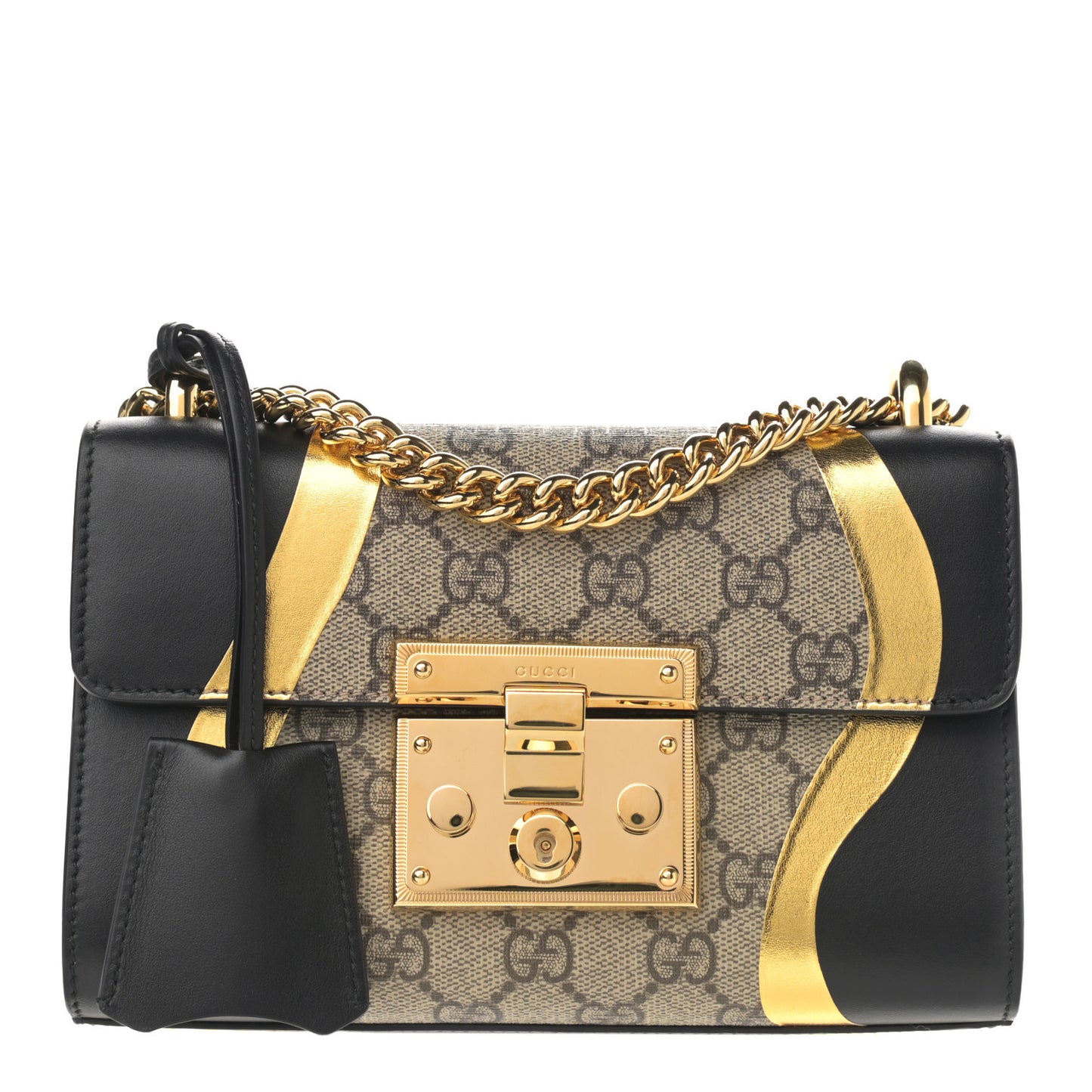 Calfskin GG Supreme Monogram Small Padlock Shoulder Bag Black Gold
