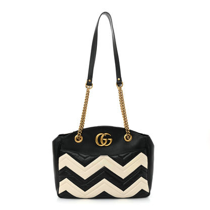 Gucci Calfskin Matelasse Medium GG Marmont Open Top Shoulder Bag Black White 1 of 12